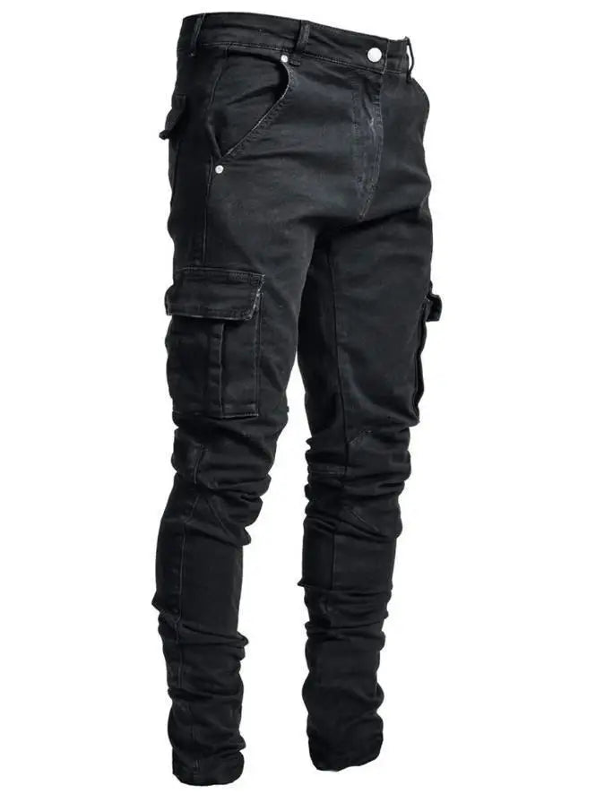 new Jeans Men Pants Wash Solid Color Multi Pockets Denim Mid Waist Cargo Jeans Plus Size Fahsion Casual Trousers Male Daily Wear - PratSN
