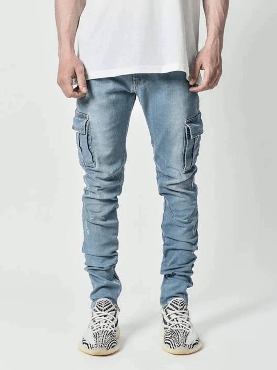 new Jeans Men Pants Wash Solid Color Multi Pockets Denim Mid Waist Cargo Jeans Plus Size Fahsion Casual Trousers Male Daily Wear - PratSN