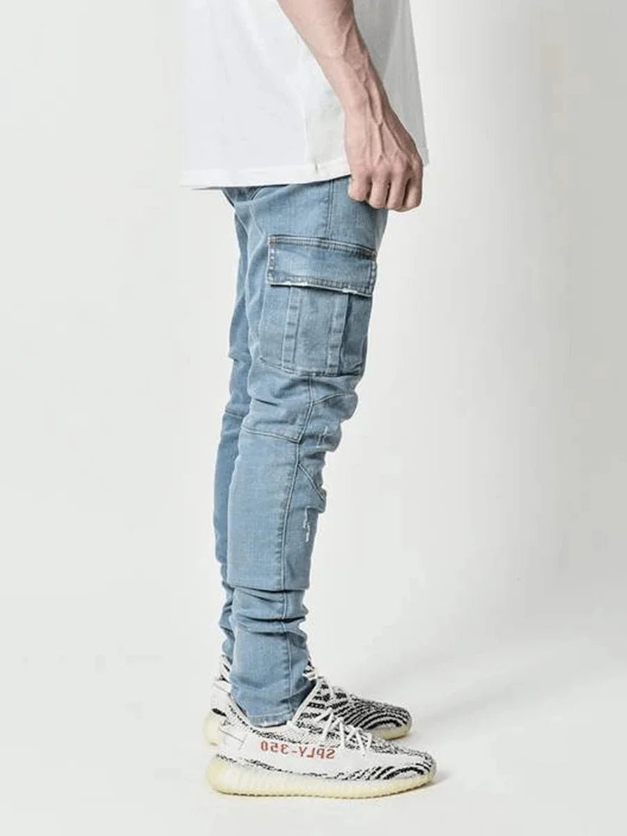 new Jeans Men Pants Wash Solid Color Multi Pockets Denim Mid Waist Cargo Jeans Plus Size Fahsion Casual Trousers Male Daily Wear - PratSN