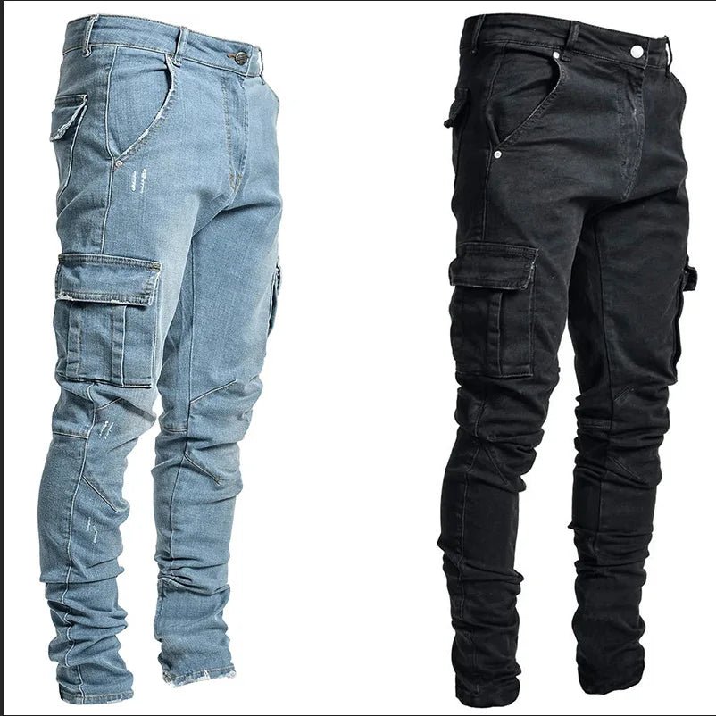 new Jeans Men Pants Wash Solid Color Multi Pockets Denim Mid Waist Cargo Jeans Plus Size Fahsion Casual Trousers Male Daily Wear - PratSN