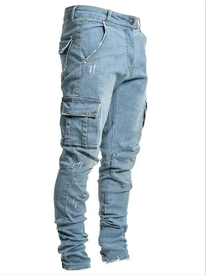 new Jeans Men Pants Wash Solid Color Multi Pockets Denim Mid Waist Cargo Jeans Plus Size Fahsion Casual Trousers Male Daily Wear - PratSN
