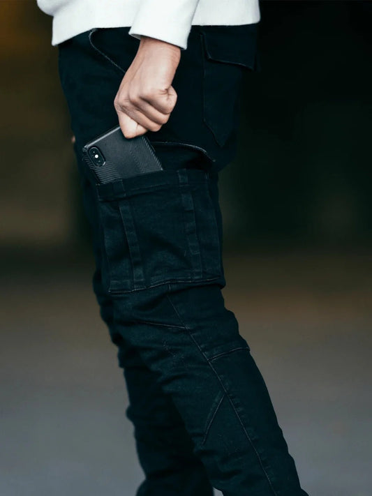 new Jeans Men Pants Wash Solid Color Multi Pockets Denim Mid Waist Cargo Jeans Plus Size Fahsion Casual Trousers Male Daily Wear - PratSN
