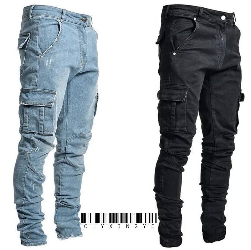 new Jeans Men Pants Wash Solid Color Multi Pockets Denim Mid Waist Cargo Jeans Plus Size Fahsion Casual Trousers Male Daily Wear - PratSN