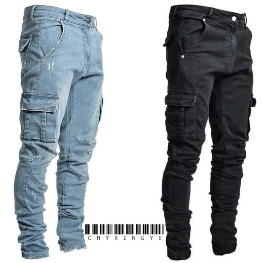 new Jeans Men Pants Wash Solid Color Multi Pockets Denim Mid Waist Cargo Jeans Plus Size Fahsion Casual Trousers Male Daily Wear - PratSN