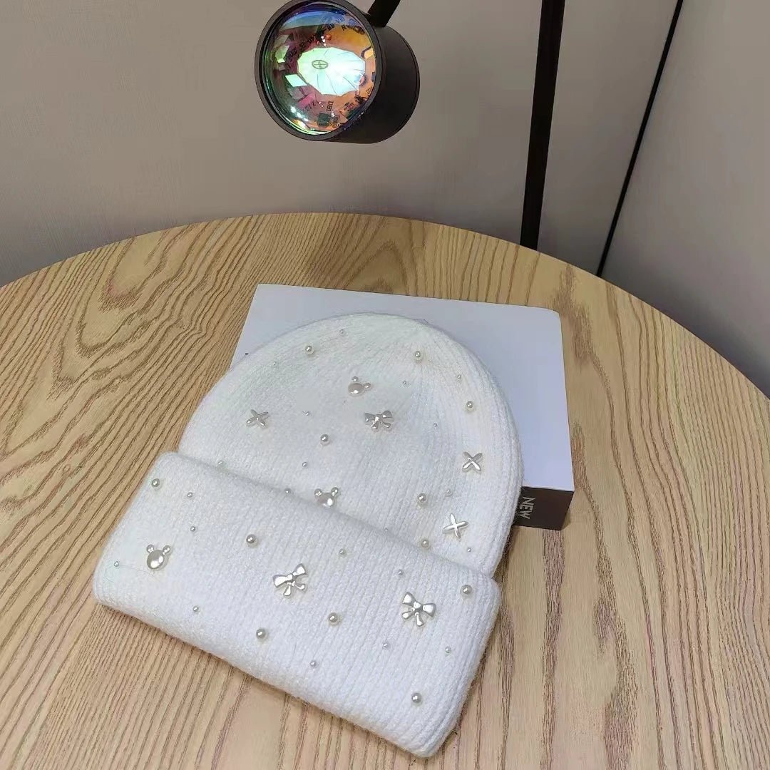 New Luxury Rhinestone Beads Knitted Hat Fur Wool Cap Winter Fashion Thickened Warm Beanie's - PratSN