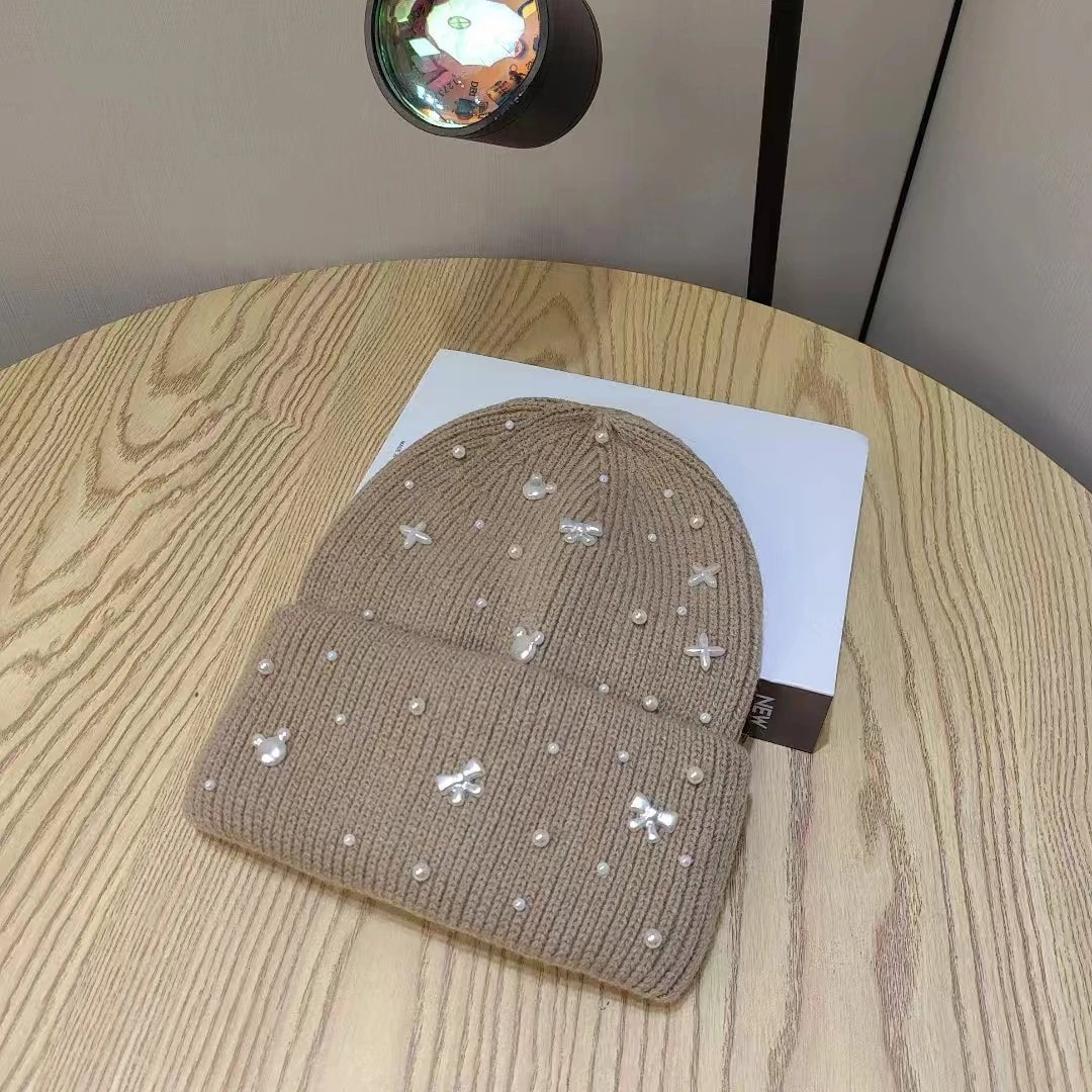 New Luxury Rhinestone Beads Knitted Hat Fur Wool Cap Winter Fashion Thickened Warm Beanie's - PratSN
