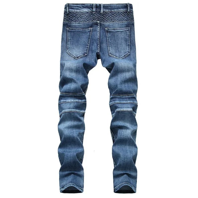 New Men's Casual Motorcycle Jeans Stretch Straight Fashion Patchwork Denim Trousers Male Hip Hop Street Riding Slim Long Pants - PratSN