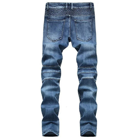 New Men's Casual Motorcycle Jeans Stretch Straight Fashion Patchwork Denim Trousers Male Hip Hop Street Riding Slim Long Pants - PratSN