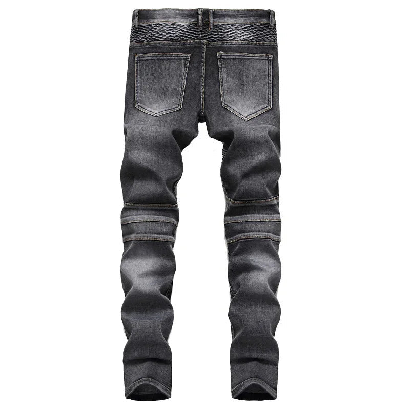 New Men's Casual Motorcycle Jeans Stretch Straight Fashion Patchwork Denim Trousers Male Hip Hop Street Riding Slim Long Pants - PratSN