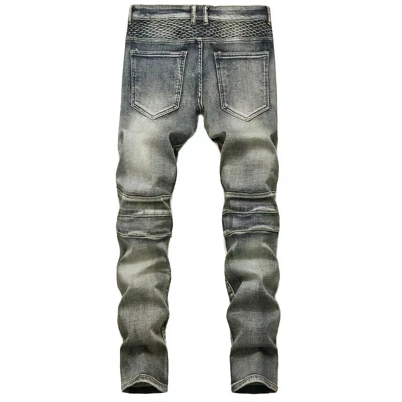 New Men's Casual Motorcycle Jeans Stretch Straight Fashion Patchwork Denim Trousers Male Hip Hop Street Riding Slim Long Pants - PratSN