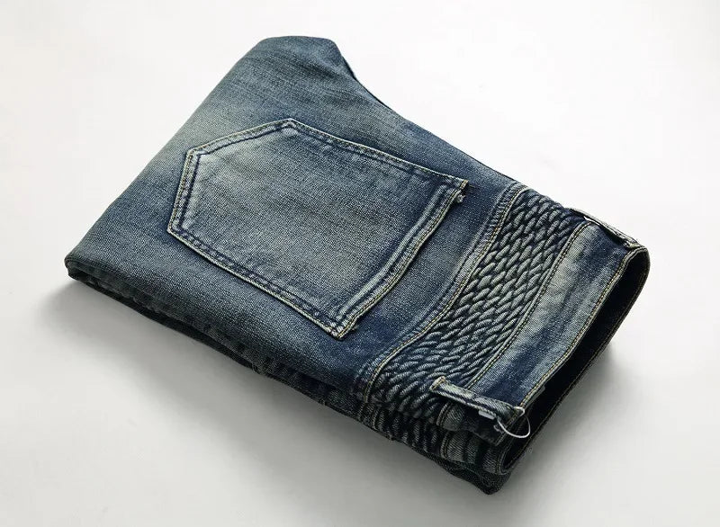 New Men's Casual Motorcycle Jeans Stretch Straight Fashion Patchwork Denim Trousers Male Hip Hop Street Riding Slim Long Pants - PratSN