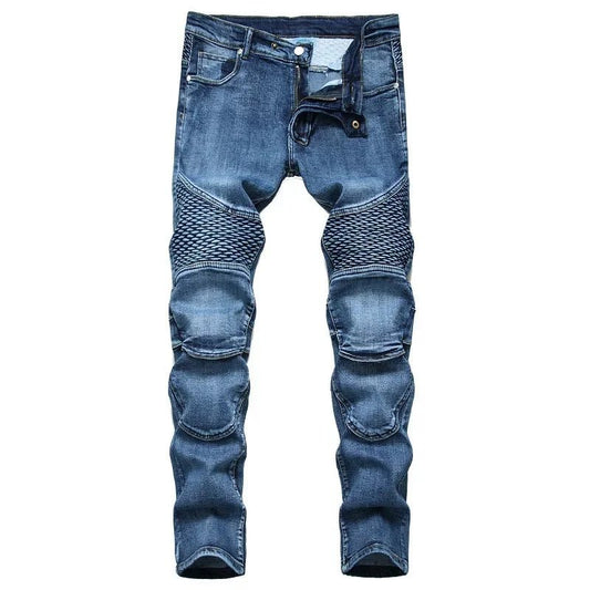 New Men's Casual Motorcycle Jeans Stretch Straight Fashion Patchwork Denim Trousers Male Hip Hop Street Riding Slim Long Pants - PratSN