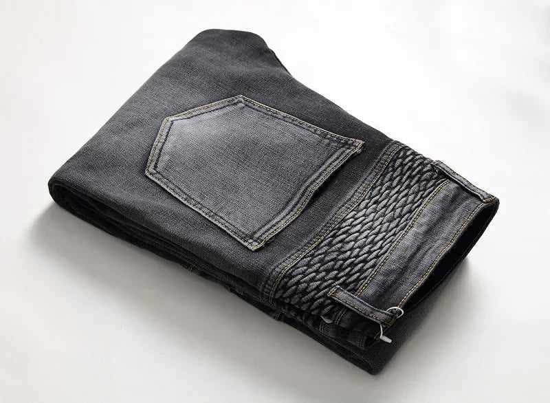 New Men's Casual Motorcycle Jeans Stretch Straight Fashion Patchwork Denim Trousers Male Hip Hop Street Riding Slim Long Pants - PratSN