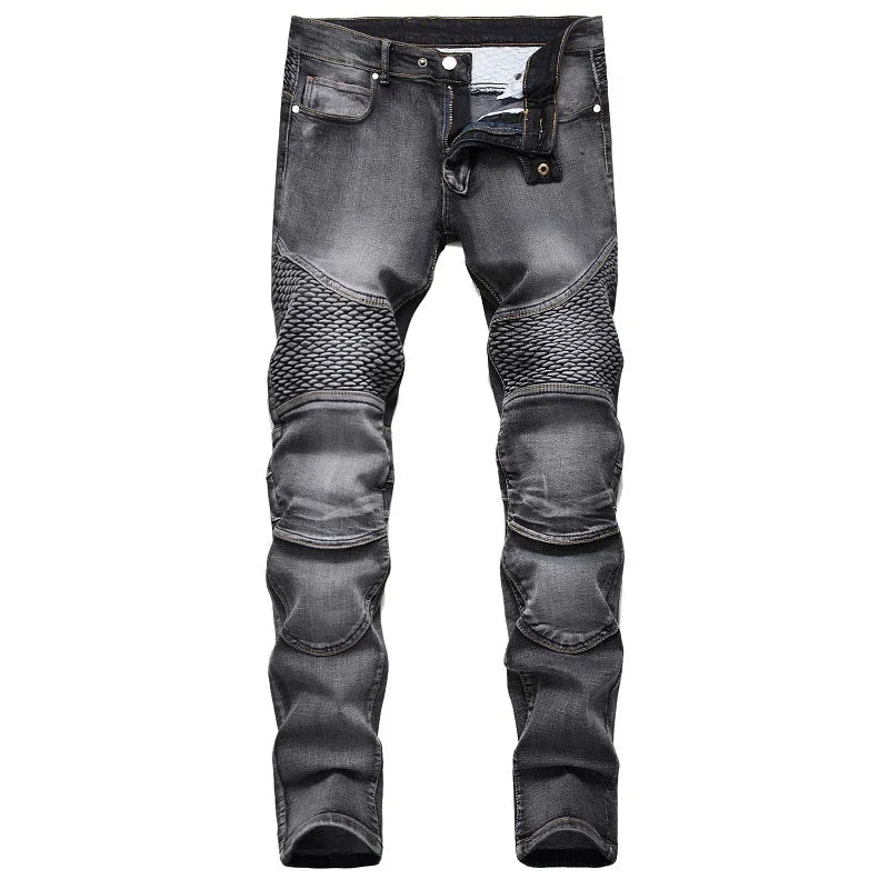New Men's Casual Motorcycle Jeans Stretch Straight Fashion Patchwork Denim Trousers Male Hip Hop Street Riding Slim Long Pants - PratSN