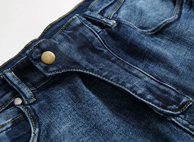 New Men's Casual Motorcycle Jeans Stretch Straight Fashion Patchwork Denim Trousers Male Hip Hop Street Riding Slim Long Pants - PratSN