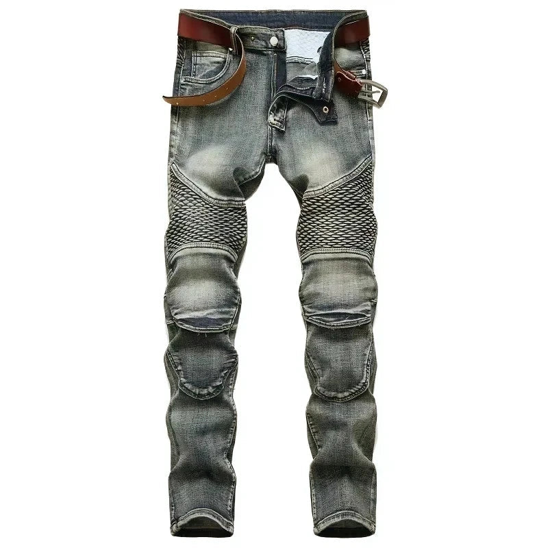 New Men's Casual Motorcycle Jeans Stretch Straight Fashion Patchwork Denim Trousers Male Hip Hop Street Riding Slim Long Pants - PratSN