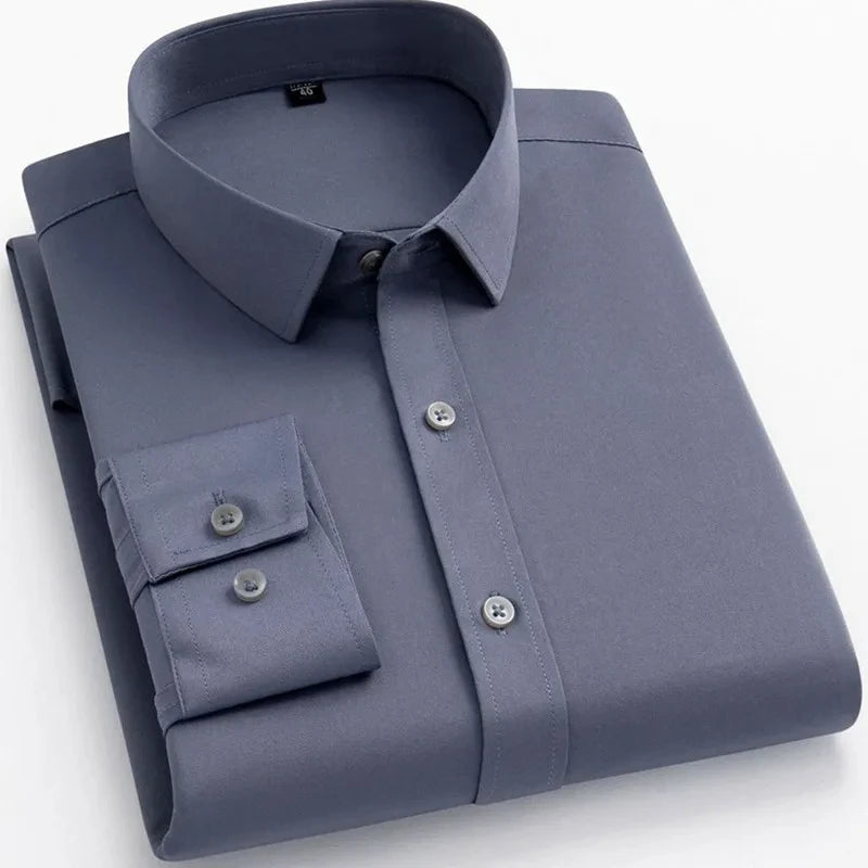 New Men's Formal Shirts Long Sleeve Fashion Without Pocket Wrinkle Resistant Plain Regular Fit Social Business Smart Casual Grey - PratSN