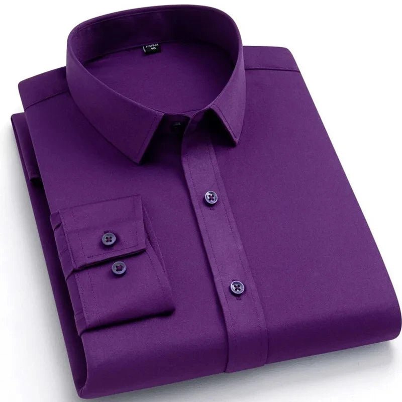 New Men's Formal Shirts Long Sleeve Fashion Without Pocket Wrinkle Resistant Plain Regular Fit Social Business Smart Casual Grey - PratSN
