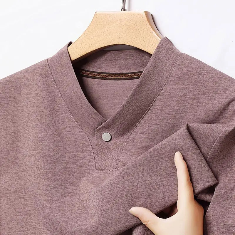 New Mid - Aged Men's Short Sleeve Solid Color Print Thin T-Shirt V - Neck Summer Wear Multipurpose Wrinkle - Resistant Iron - Free - PratSN