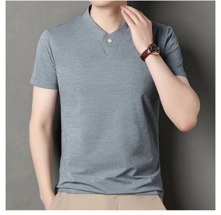 New Mid - Aged Men's Short Sleeve Solid Color Print Thin T-Shirt V - Neck Summer Wear Multipurpose Wrinkle - Resistant Iron - Free - PratSN