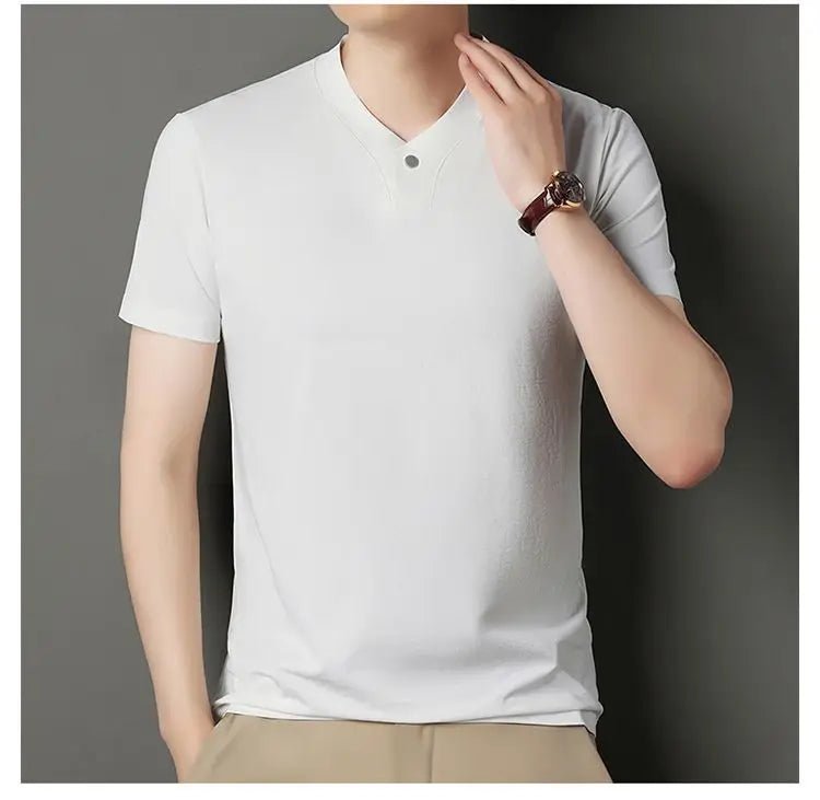 New Mid - Aged Men's Short Sleeve Solid Color Print Thin T-Shirt V - Neck Summer Wear Multipurpose Wrinkle - Resistant Iron - Free - PratSN