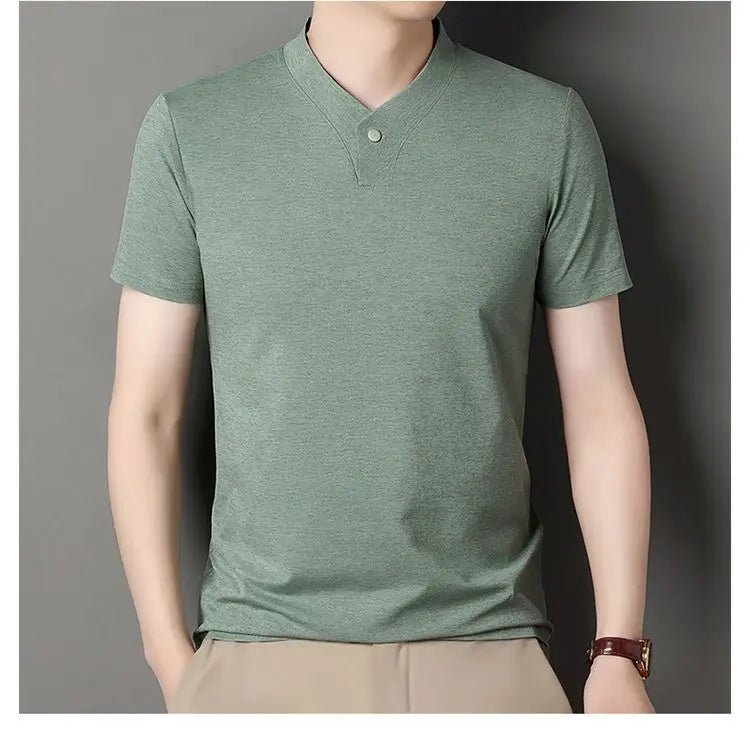 New Mid - Aged Men's Short Sleeve Solid Color Print Thin T-Shirt V - Neck Summer Wear Multipurpose Wrinkle - Resistant Iron - Free - PratSN