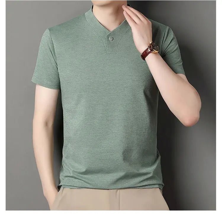 New Mid - Aged Men's Short Sleeve Solid Color Print Thin T-Shirt V - Neck Summer Wear Multipurpose Wrinkle - Resistant Iron - Free - PratSN