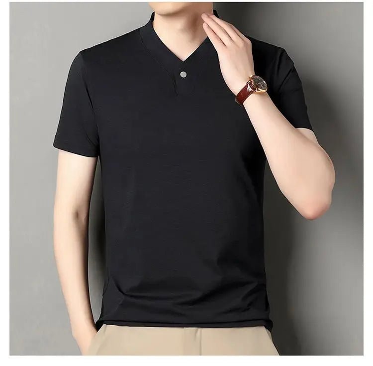 New Mid - Aged Men's Short Sleeve Solid Color Print Thin T-Shirt V - Neck Summer Wear Multipurpose Wrinkle - Resistant Iron - Free - PratSN