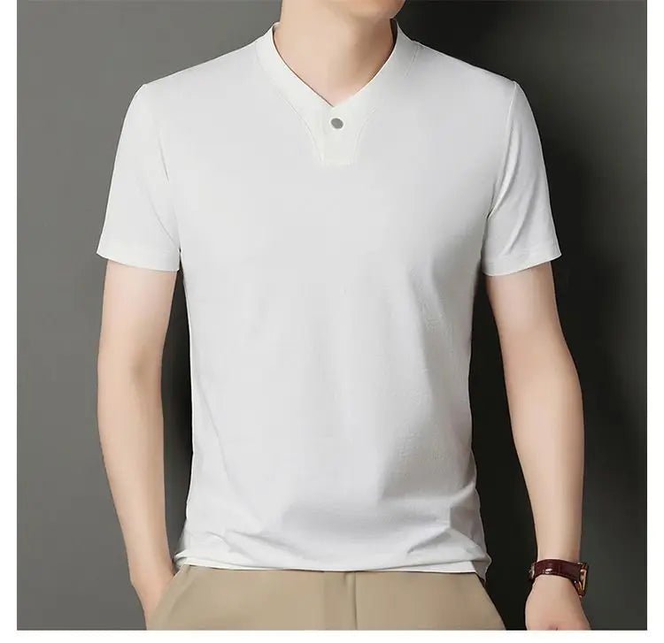 New Mid - Aged Men's Short Sleeve Solid Color Print Thin T-Shirt V - Neck Summer Wear Multipurpose Wrinkle - Resistant Iron - Free - PratSN