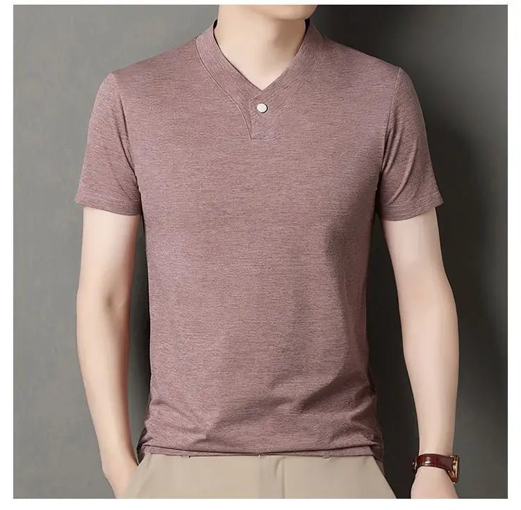 New Mid - Aged Men's Short Sleeve Solid Color Print Thin T-Shirt V - Neck Summer Wear Multipurpose Wrinkle - Resistant Iron - Free - PratSN