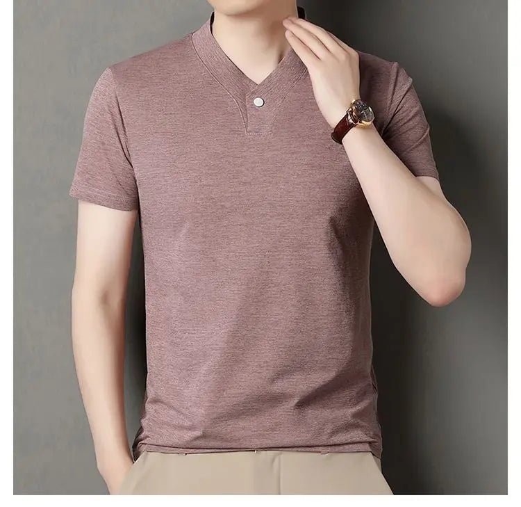 New Mid - Aged Men's Short Sleeve Solid Color Print Thin T-Shirt V - Neck Summer Wear Multipurpose Wrinkle - Resistant Iron - Free - PratSN