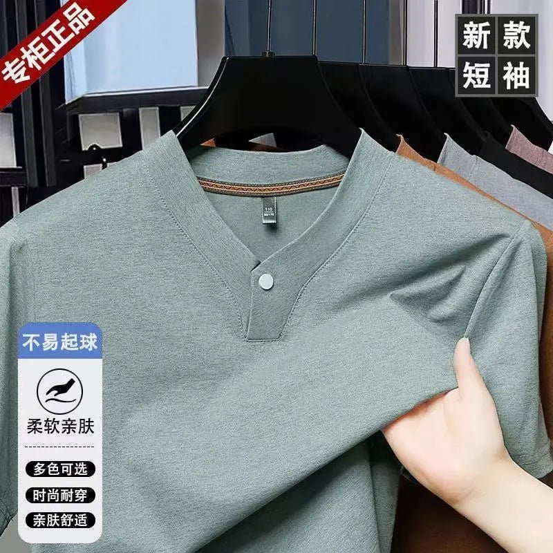 New Mid - Aged Men's Short Sleeve Solid Color Print Thin T-Shirt V - Neck Summer Wear Multipurpose Wrinkle - Resistant Iron - Free - PratSN