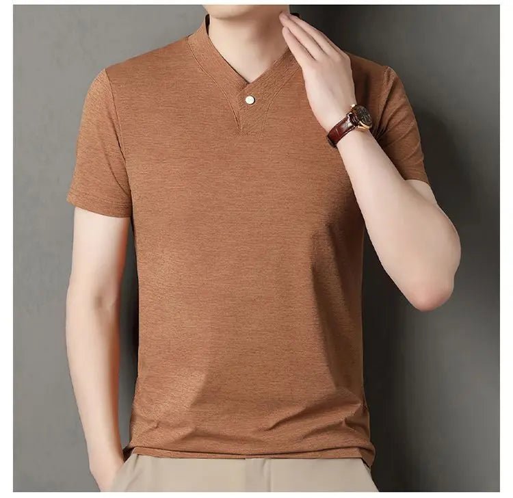 New Mid - Aged Men's Short Sleeve Solid Color Print Thin T-Shirt V - Neck Summer Wear Multipurpose Wrinkle - Resistant Iron - Free - PratSN