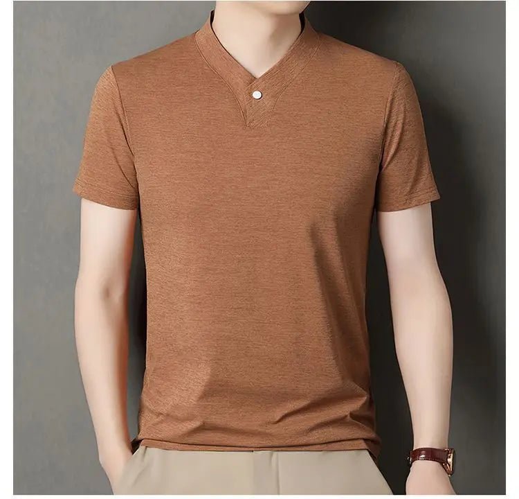 New Mid - Aged Men's Short Sleeve Solid Color Print Thin T-Shirt V - Neck Summer Wear Multipurpose Wrinkle - Resistant Iron - Free - PratSN
