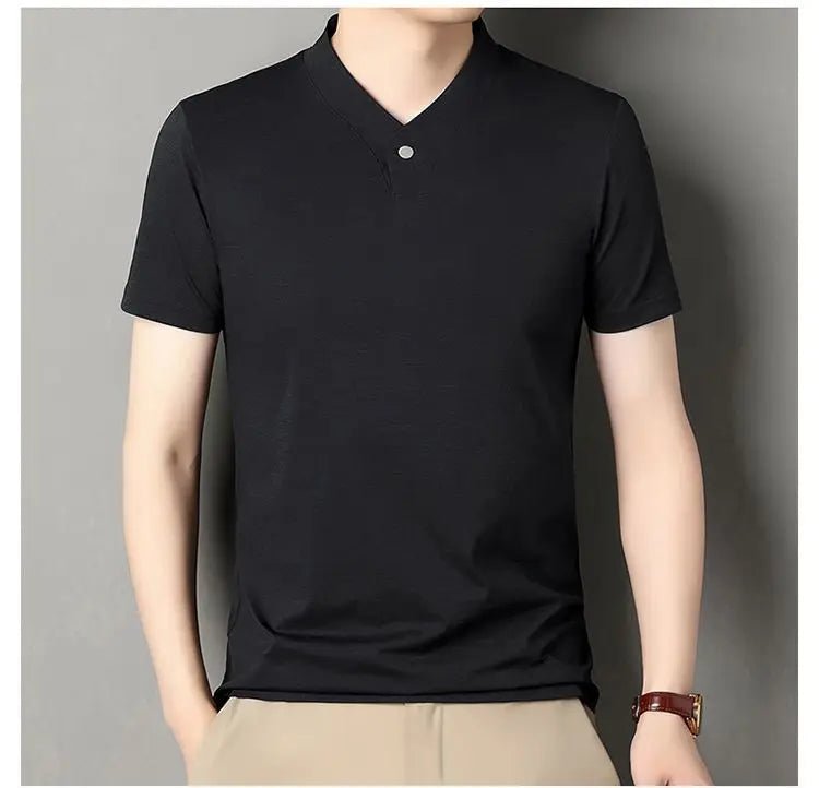 New Mid - Aged Men's Short Sleeve Solid Color Print Thin T-Shirt V - Neck Summer Wear Multipurpose Wrinkle - Resistant Iron - Free - PratSN