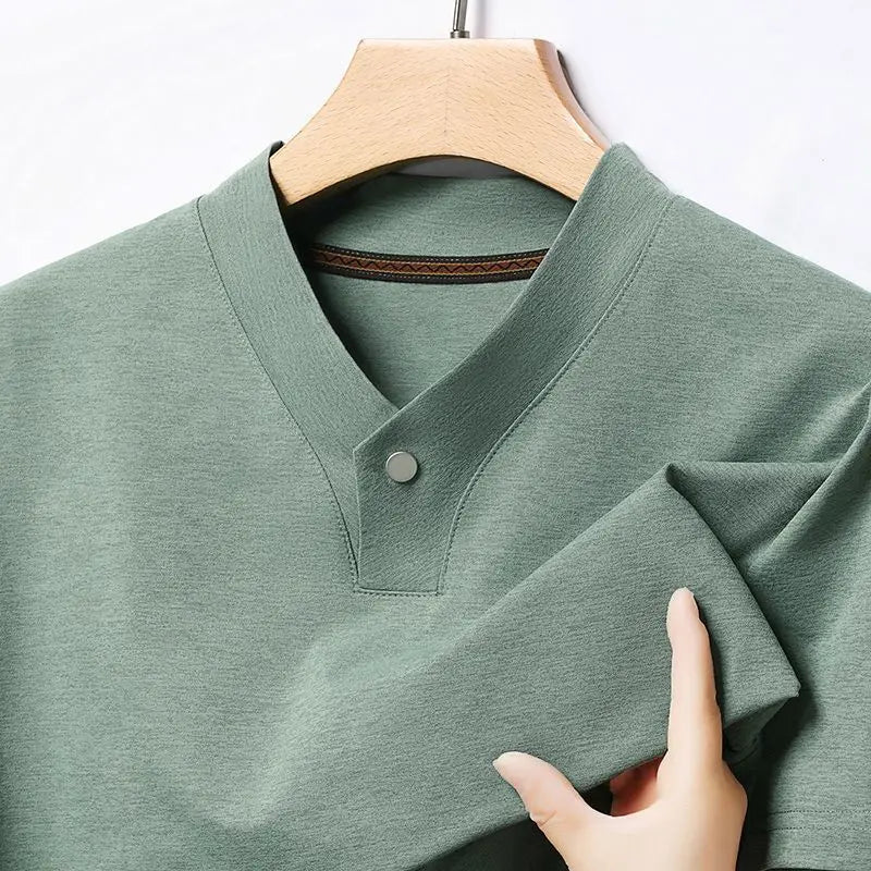 New Mid - Aged Men's Short Sleeve Solid Color Print Thin T-Shirt V - Neck Summer Wear Multipurpose Wrinkle - Resistant Iron - Free - PratSN
