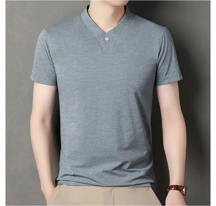 New Mid - Aged Men's Short Sleeve Solid Color Print Thin T-Shirt V - Neck Summer Wear Multipurpose Wrinkle - Resistant Iron - Free - PratSN