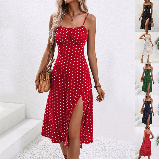 New Polka Dot Print Suspender Dress Summer Sexy Split Long Dresses For Womens Clothing - PratSN