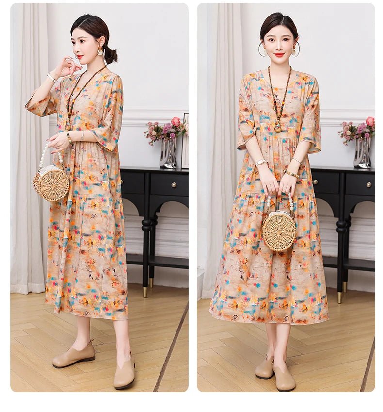 New Print Hot 2025 New Fashion Floral Printed Summer Dress Vestidos Elegant half Sleeve Slim O - Neck Party Women clothing - PratSN