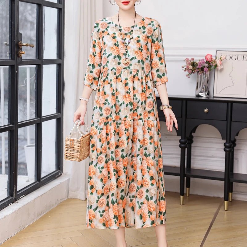 New Print Hot 2025 New Fashion Floral Printed Summer Dress Vestidos Elegant half Sleeve Slim O - Neck Party Women clothing - PratSN