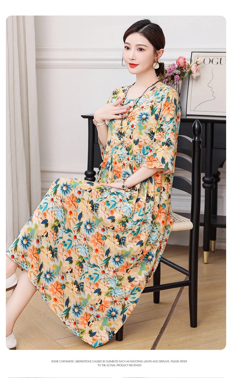 New Print Hot 2025 New Fashion Floral Printed Summer Dress Vestidos Elegant half Sleeve Slim O - Neck Party Women clothing - PratSN