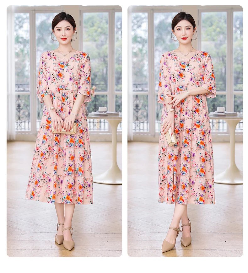 New Print Hot 2025 New Fashion Floral Printed Summer Dress Vestidos Elegant half Sleeve Slim O - Neck Party Women clothing - PratSN
