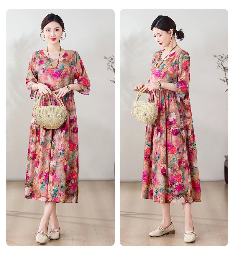 New Print Hot 2025 New Fashion Floral Printed Summer Dress Vestidos Elegant half Sleeve Slim O - Neck Party Women clothing - PratSN