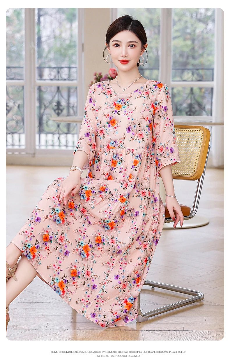 New Print Hot 2025 New Fashion Floral Printed Summer Dress Vestidos Elegant half Sleeve Slim O - Neck Party Women clothing - PratSN