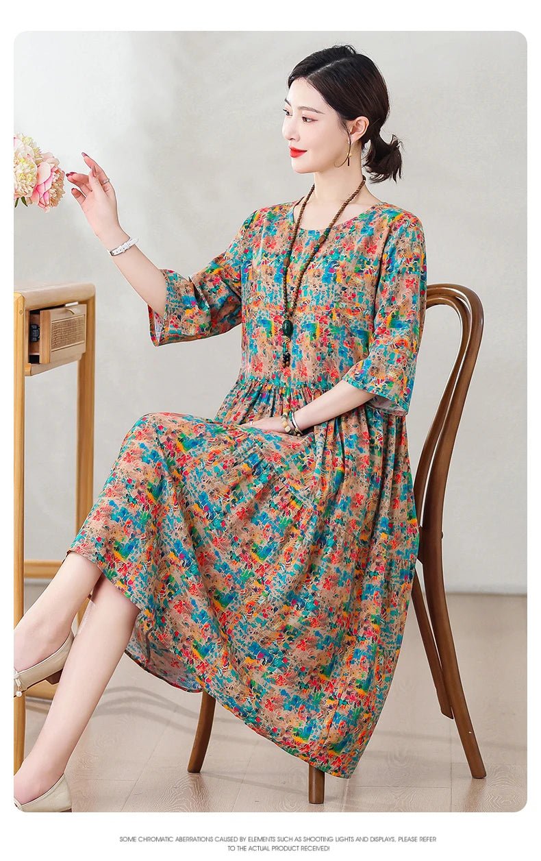 New Print Hot 2025 New Fashion Floral Printed Summer Dress Vestidos Elegant half Sleeve Slim O - Neck Party Women clothing - PratSN