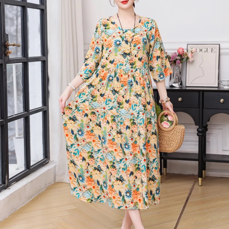 New Print Hot 2025 New Fashion Floral Printed Summer Dress Vestidos Elegant half Sleeve Slim O - Neck Party Women clothing - PratSN
