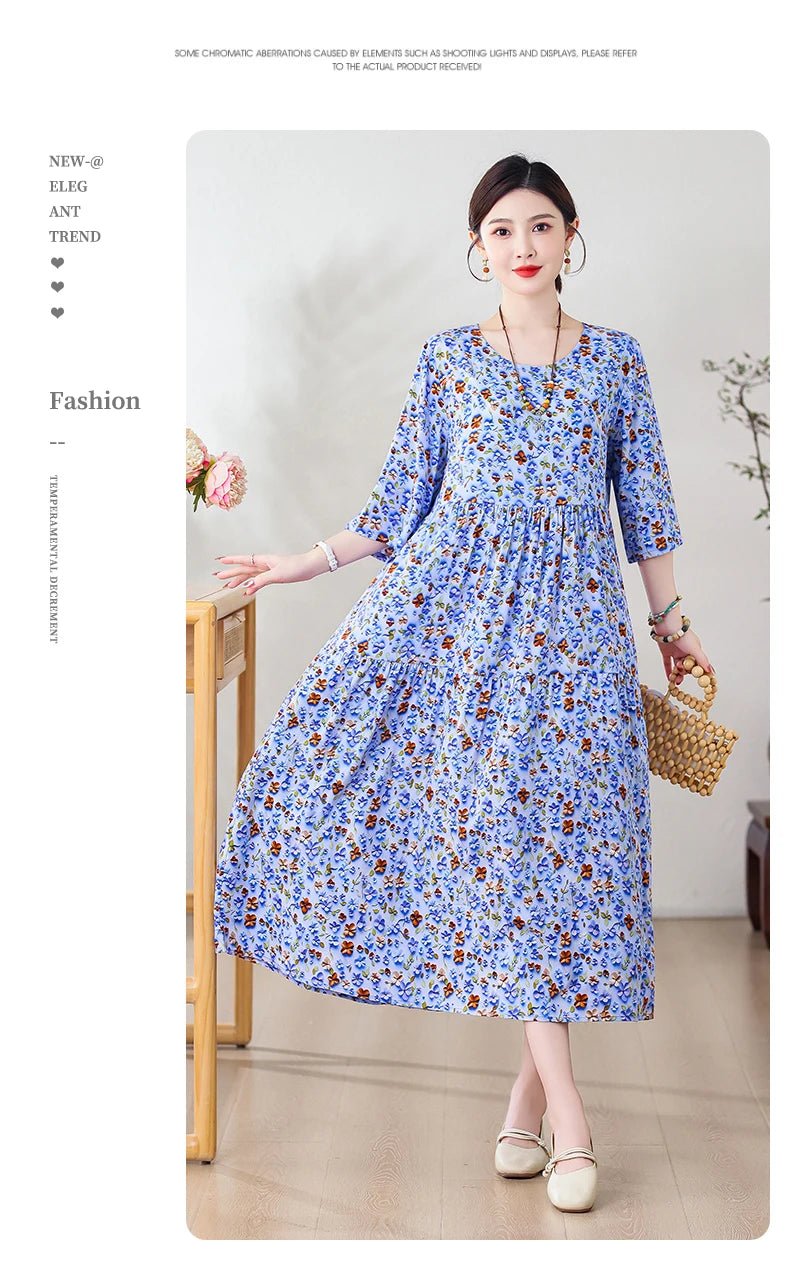 New Print Hot 2025 New Fashion Floral Printed Summer Dress Vestidos Elegant half Sleeve Slim O - Neck Party Women clothing - PratSN
