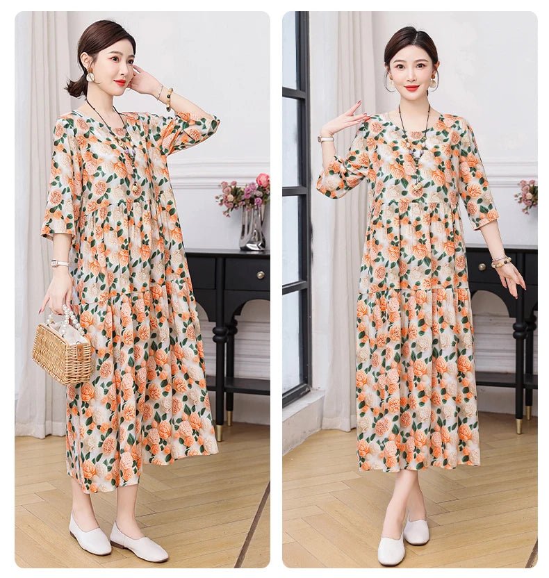 New Print Hot 2025 New Fashion Floral Printed Summer Dress Vestidos Elegant half Sleeve Slim O - Neck Party Women clothing - PratSN