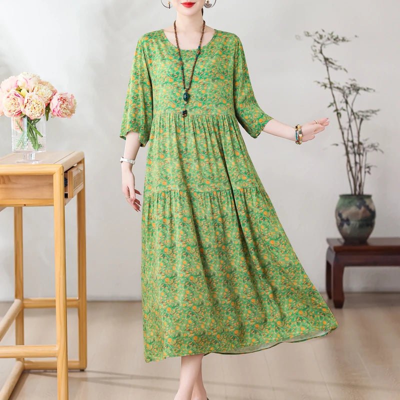 New Print Hot 2025 New Fashion Floral Printed Summer Dress Vestidos Elegant half Sleeve Slim O - Neck Party Women clothing - PratSN