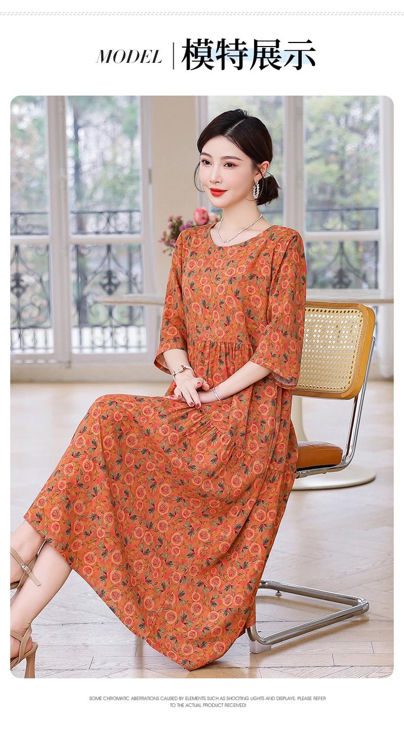 New Print Hot 2025 New Fashion Floral Printed Summer Dress Vestidos Elegant half Sleeve Slim O - Neck Party Women clothing - PratSN